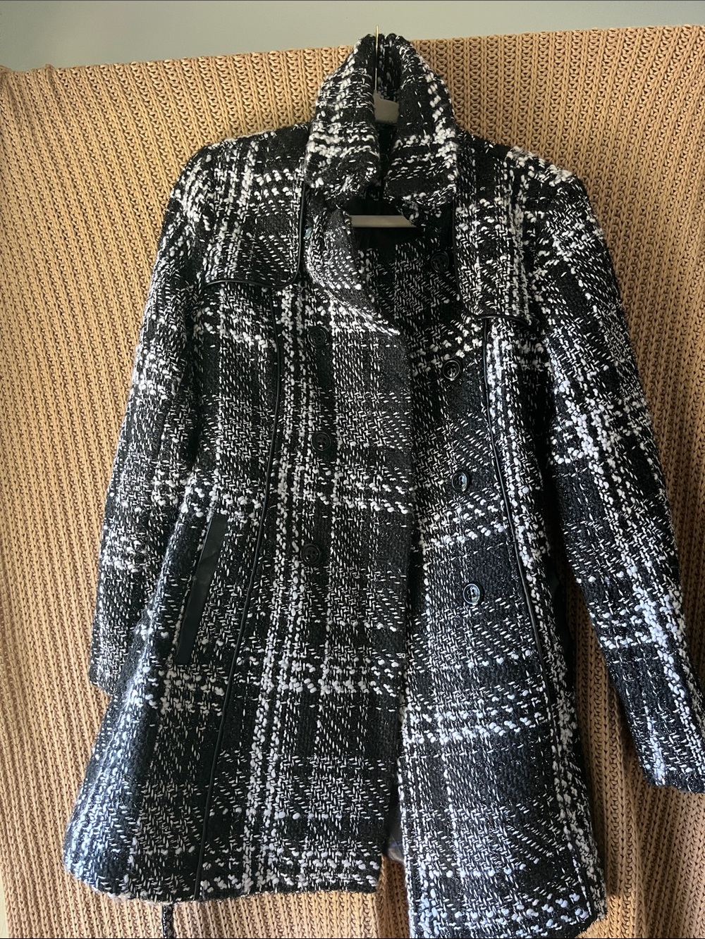 Women's Black & White Plaid Wool Blend Coat